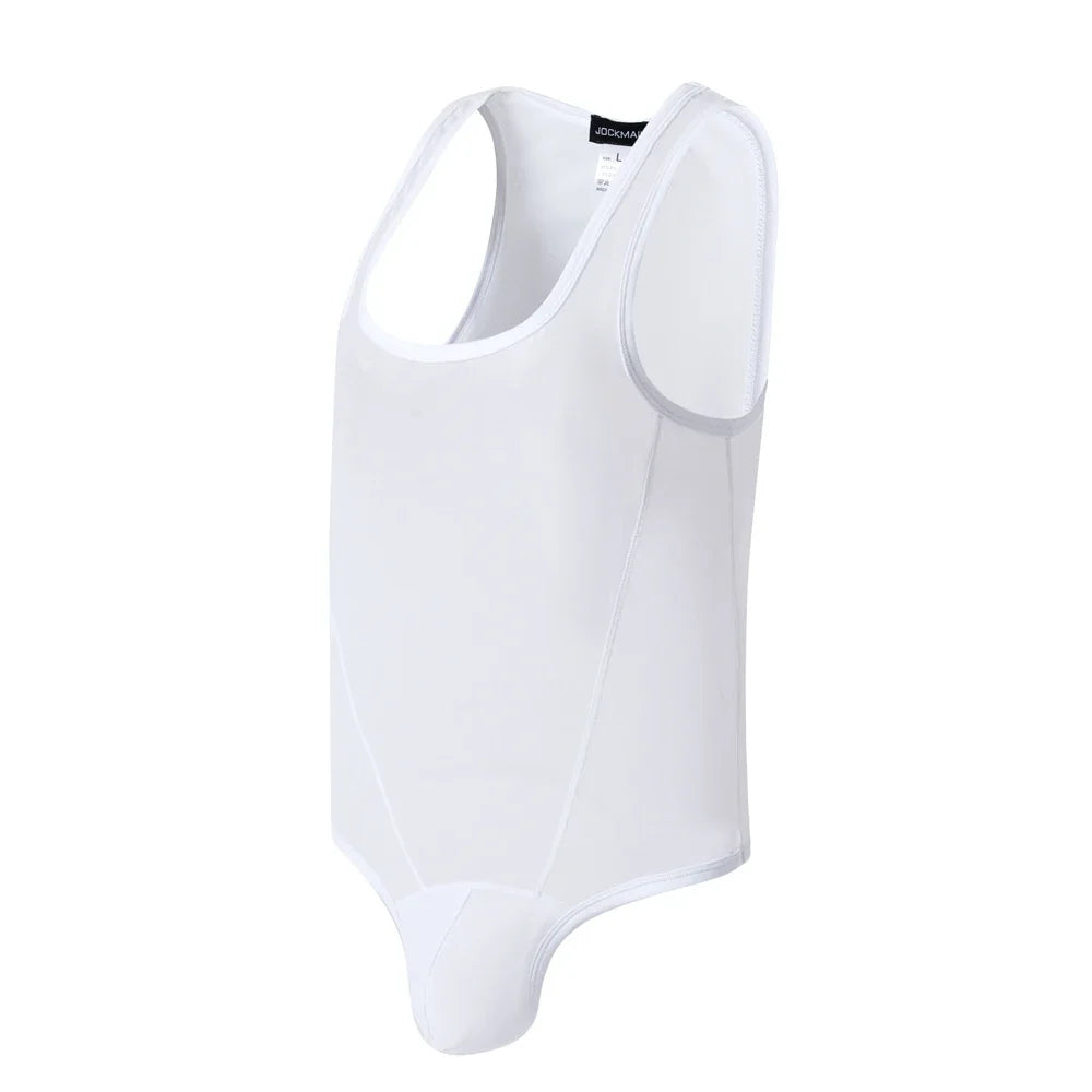 flat lay of white sheer mesh high-cut leotard showing see-through stretch fabric and elastic trim, white color – pridevoyageshop.com – gay men’s harness, lingerie and fetish wear