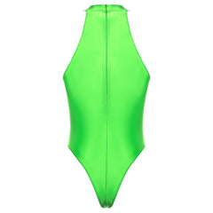 fluorescent green Profile High-Neck Halter Leotard flat-lay detail showing high-neck halter cut and body-shaping fit – pridevoyageshop.com – gay men’s harness, lingerie and fetish wear