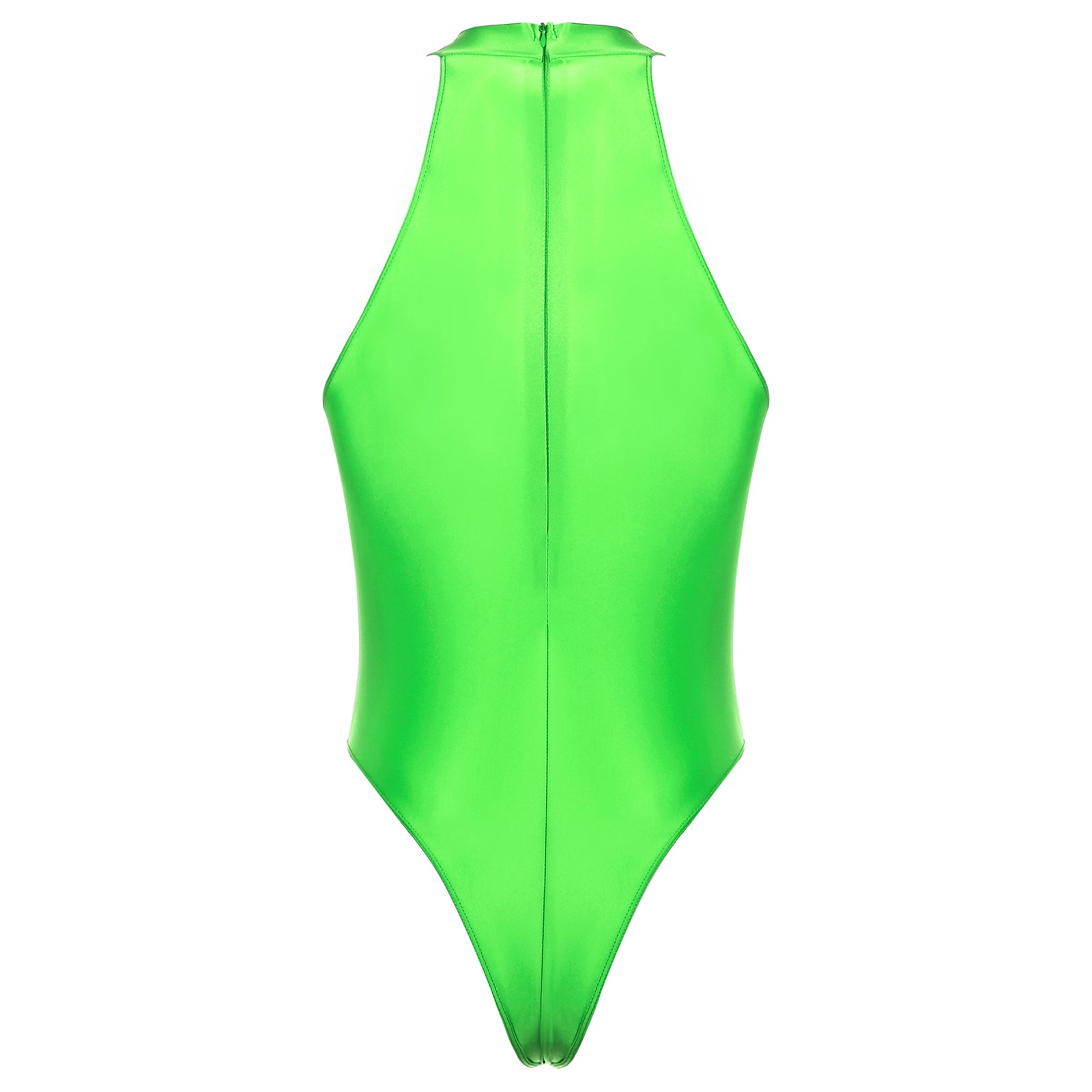 fluorescent green Profile High-Neck Halter Leotard flat-lay detail showing high-neck halter cut and body-shaping fit – pridevoyageshop.com – gay men’s harness, lingerie and fetish wear