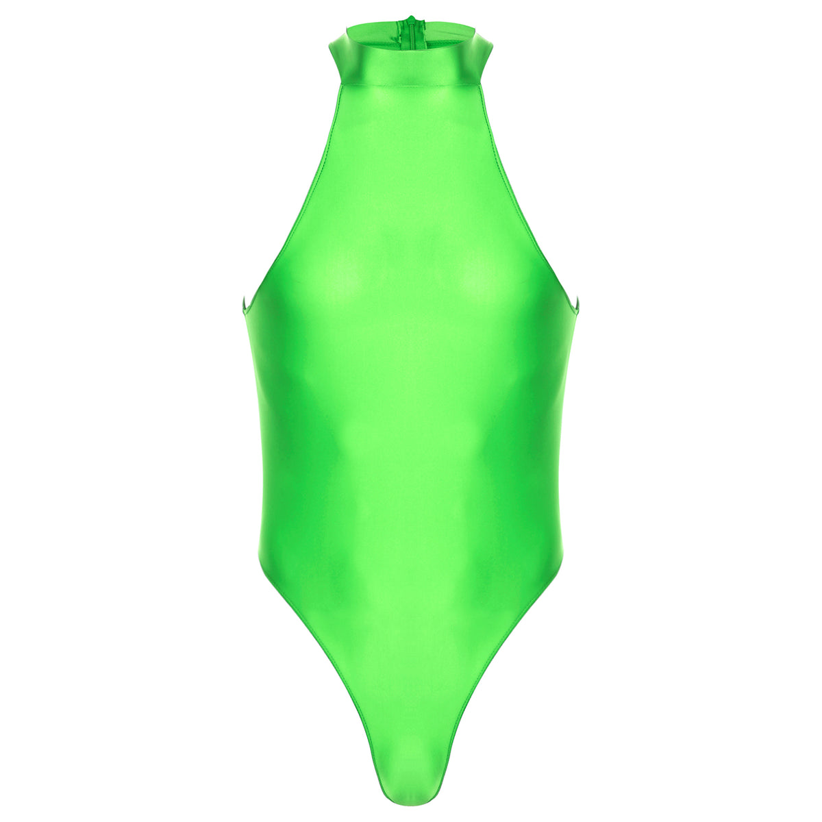 fluorescent green Profile High-Neck Halter Leotard flat-lay detail showing high-neck halter cut and body-shaping fit – pridevoyageshop.com – gay men’s harness, lingerie and fetish wear