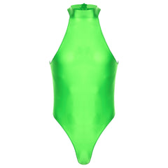 fluorescent green Profile High-Neck Halter Leotard flat-lay detail showing high-neck halter cut and body-shaping fit – pridevoyageshop.com – gay men’s harness, lingerie and fetish wear