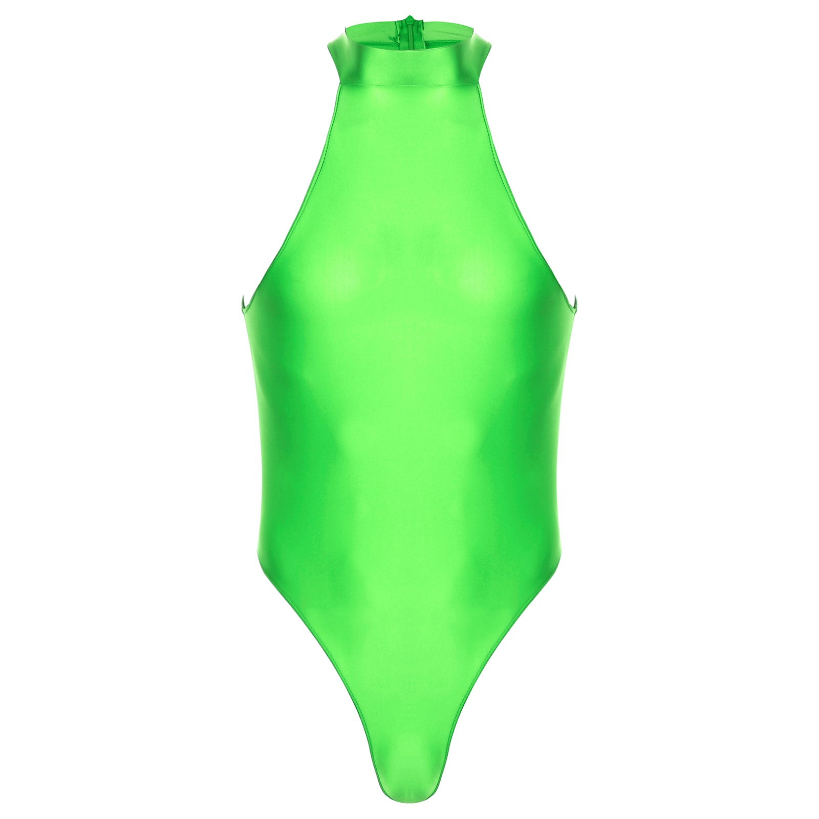 fluorescent green Profile High-Neck Halter Leotard flat-lay detail showing high-neck halter cut and body-shaping fit – pridevoyageshop.com – gay men’s harness, lingerie and fetish wear