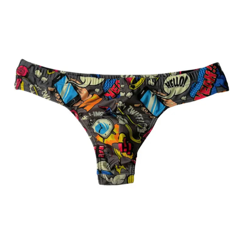 gray Men’s BOOM! Pop Art Thong Briefs - pridevoyageshop.com - gay men’s sexy swim briefs, trunks, board shorts, and bikinis