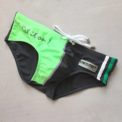green and gray Desmiit Men’s Game On! Low Rise Swim Trunks - pridevoyageshop.com - gay men’s sexy swim briefs, trunks, board shorts, and bikinis