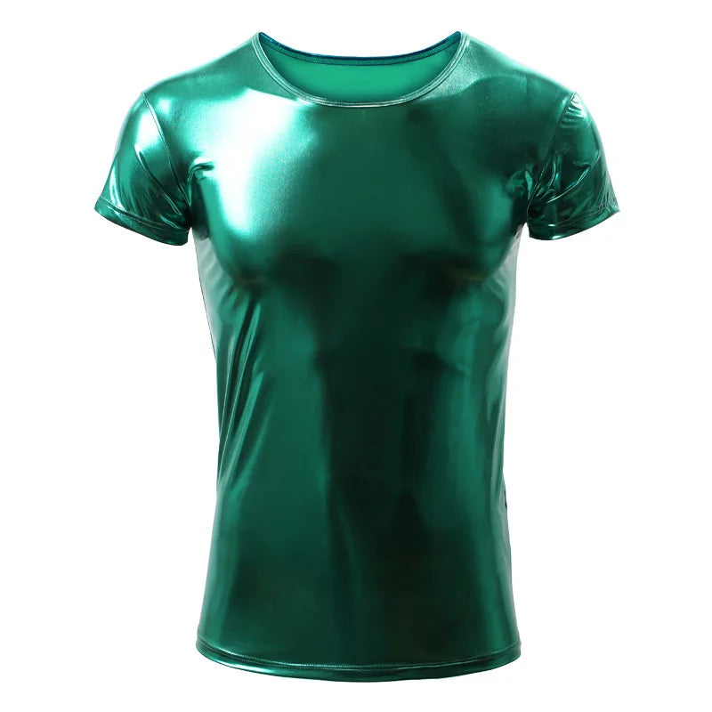 green holographic metallic short sleeve tee displayed flat – pridevoyageshop.com – gay men’s gym tank tops mesh tank tops activewear clubwear fashion tops
