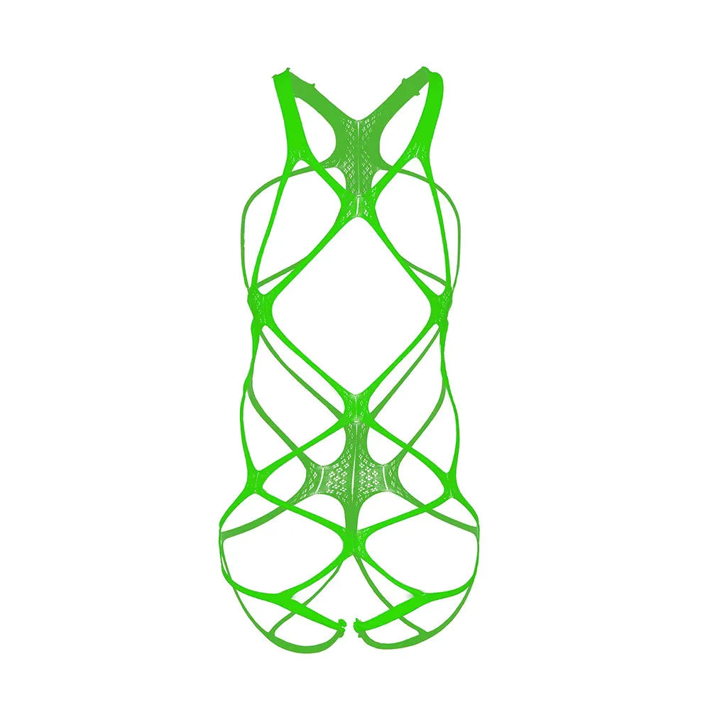green strapped cut-out bodysuit flat lay with open torso and high-cut leg – pridevoyageshop.com – gay men’s harness, lingerie and fetish wear