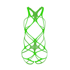green strapped cut-out bodysuit flat lay with open torso and high-cut leg – pridevoyageshop.com – gay men’s harness, lingerie and fetish wear