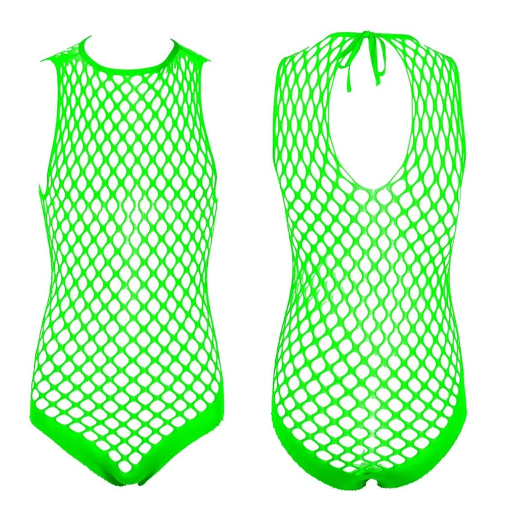green wide-net tank bodysuit flat lay, elastic mesh open net, bold clubwear style – pridevoyageshop.com – gay men’s harness, lingerie and fetish wear