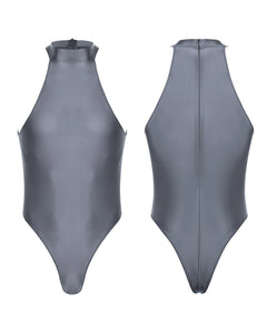 grey Profile High-Neck Halter Leotard flat-lay detail showing high-neck halter cut and body-shaping fit – pridevoyageshop.com – gay men’s harness, lingerie and fetish wear