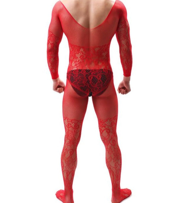 sexy gay man in Men's Red Lace and Fishnet Bodysuit | Gay Lingerie - pridevoyageshop.com - gay men’s bodystocking, lingerie, fishnet and fetish wear