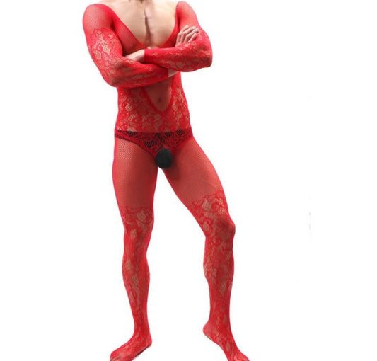 sexy gay man in Men's Red Lace and Fishnet Bodysuit | Gay Lingerie - pridevoyageshop.com - gay men’s bodystocking, lingerie, fishnet and fetish wear