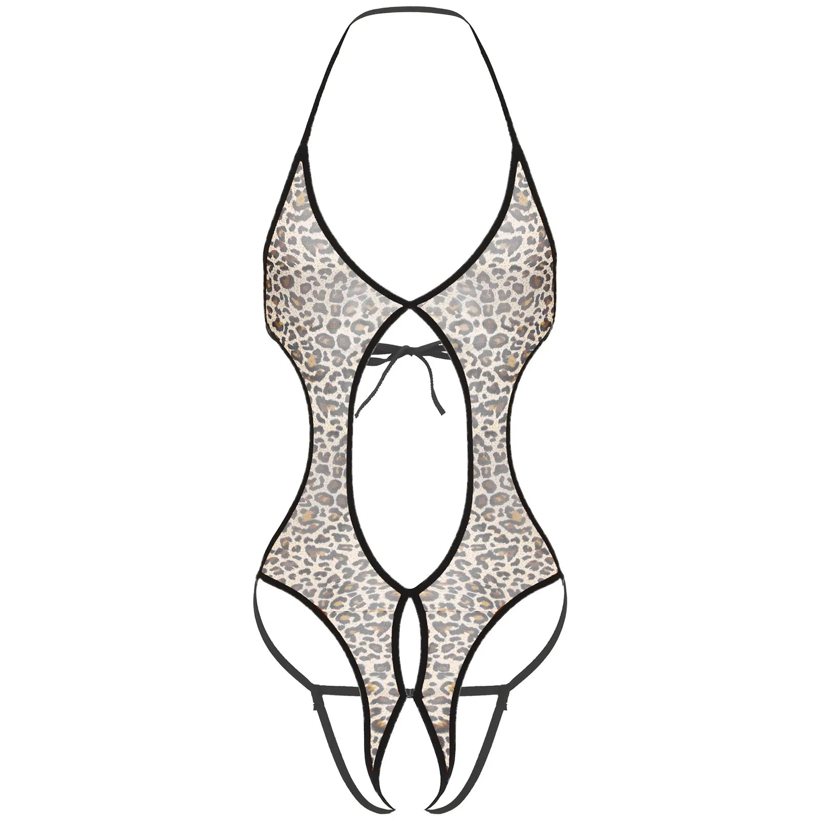 leopard lace-up bodysuit flat lay, sheer mesh body, corset lace front, high-leg cut – pridevoyageshop.com – gay men’s harness, lingerie and fetish wear