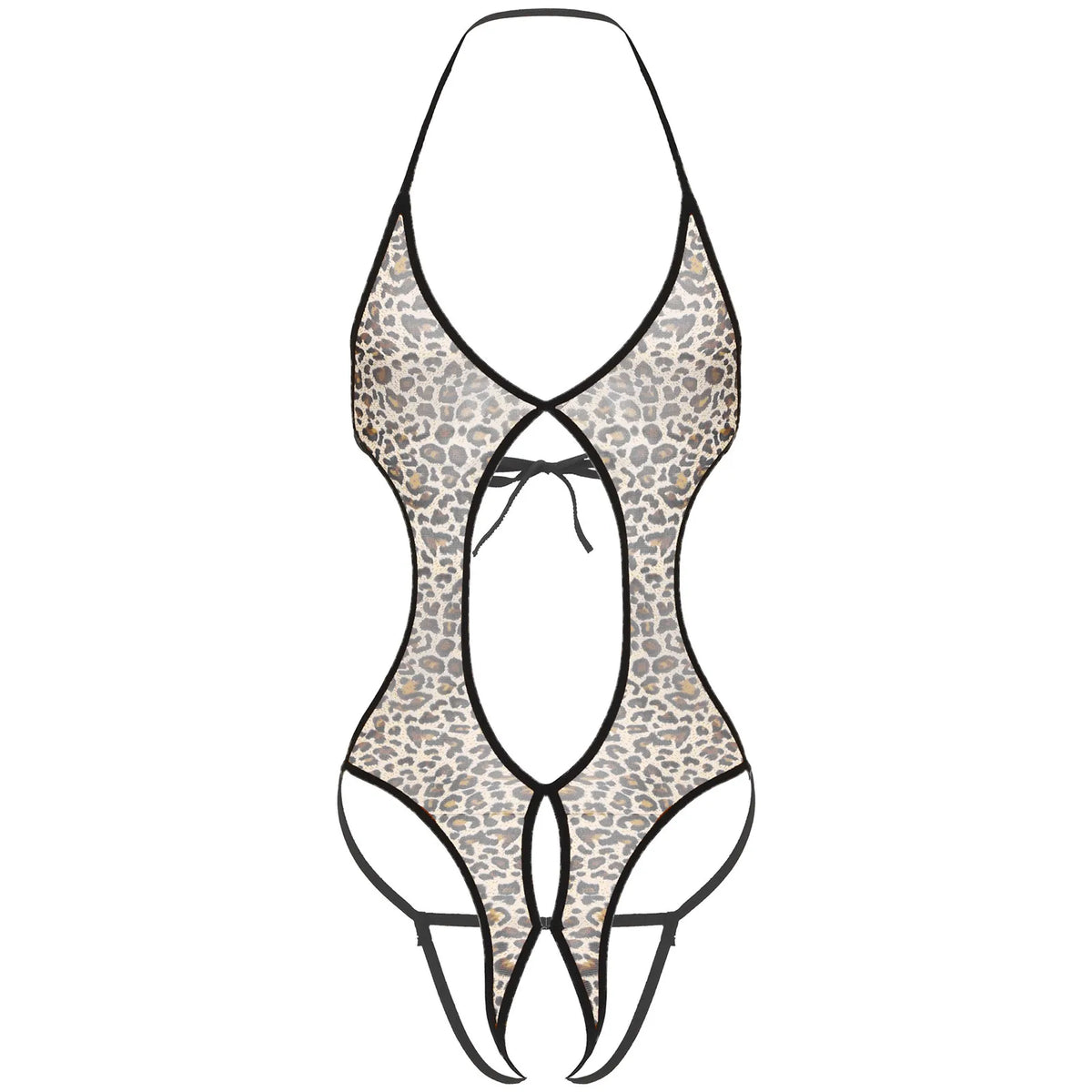 leopard lace-up bodysuit flat lay, sheer mesh body, corset lace front, high-leg cut – pridevoyageshop.com – gay men’s harness, lingerie and fetish wear
