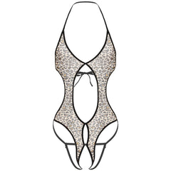 leopard lace-up bodysuit flat lay, sheer mesh body, corset lace front, high-leg cut – pridevoyageshop.com – gay men’s harness, lingerie and fetish wear
