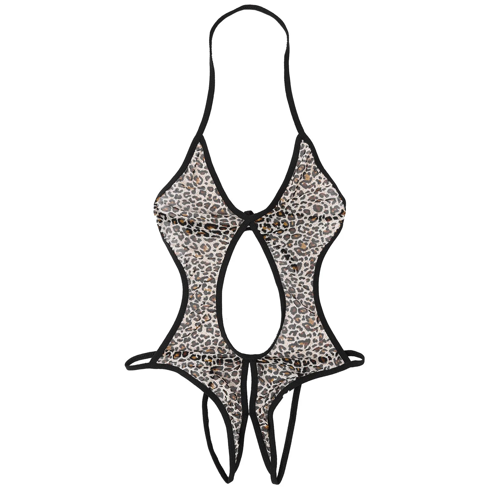 leopard lace-up bodysuit flat lay, sheer mesh body, corset lace front, high-leg cut – pridevoyageshop.com – gay men’s harness, lingerie and fetish wear