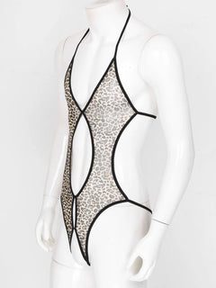 leopard lace-up bodysuit flat lay, sheer mesh body, corset lace front, high-leg cut – pridevoyageshop.com – gay men’s harness, lingerie and fetish wear
