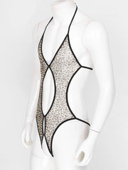 leopard lace-up bodysuit flat lay, sheer mesh body, corset lace front, high-leg cut – pridevoyageshop.com – gay men’s harness, lingerie and fetish wear