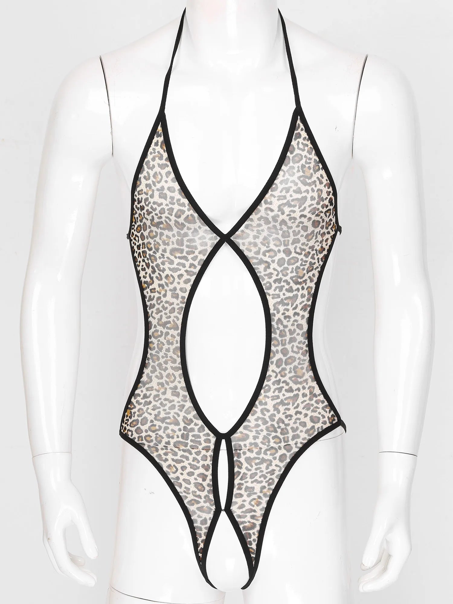 leopard lace-up bodysuit flat lay, sheer mesh body, corset lace front, high-leg cut – pridevoyageshop.com – gay men’s harness, lingerie and fetish wear