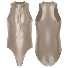 light brown Riptide Zip Racer Leotard flat-lay with front zipper and racer-cut silhouette – pridevoyageshop.com – gay men’s harness, lingerie and fetish wear