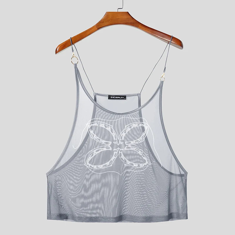 light gray Dark Garden Sheer Harness Cami – pridevoyageshop.com – gay men’s harness, lingerie and fetish wear