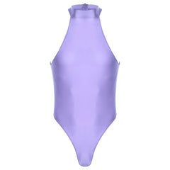 light purple Profile High-Neck Halter Leotard flat-lay detail showing high-neck halter cut and body-shaping fit – pridevoyageshop.com – gay men’s harness, lingerie and fetish wear
