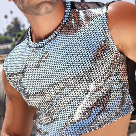 a hot gay guy in Men's Silver Sequin Crop Top | Gay Crop Tops & Clubwear - pridevoyageshop.com - gay crop tops, gay casual clothes and gay clothes store