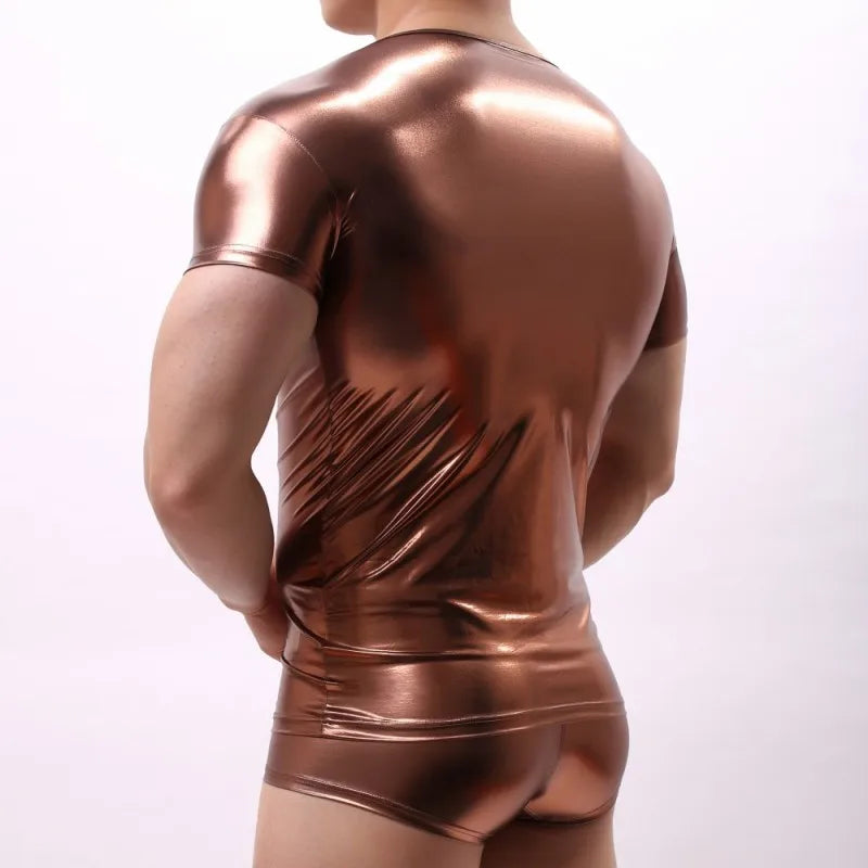 man wearing brown holographic metallic short sleeve tee indoors – pridevoyageshop.com – gay men’s gym tank tops mesh tank tops activewear clubwear fashion tops