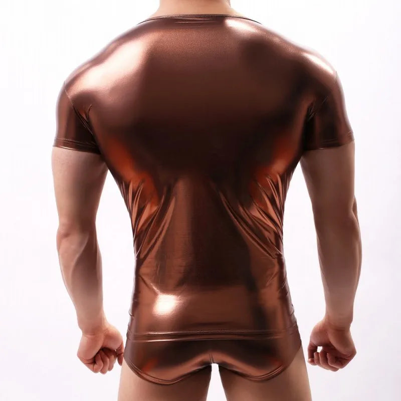 man wearing brown holographic metallic short sleeve tee indoors – pridevoyageshop.com – gay men’s gym tank tops mesh tank tops activewear clubwear fashion tops