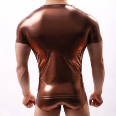 man wearing brown holographic metallic short sleeve tee indoors – pridevoyageshop.com – gay men’s gym tank tops mesh tank tops activewear clubwear fashion tops