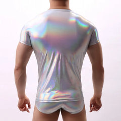 man wearing silver holographic metallic short sleeve tee indoors – pridevoyageshop.com – gay men’s gym tank tops mesh tank tops activewear clubwear fashion tops
