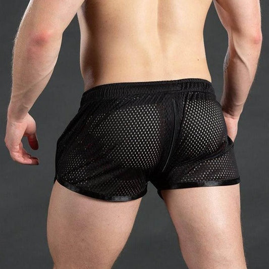sexy gay man in black Gay Shorts | Men's Sexy Mesh Workout Shorts - Men's Activewear, gym short, running shorts- pridevoyageshop.com