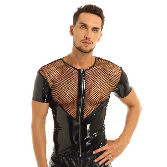 muscular man wearing a black deep v zip mesh tee posing indoors pridevoyageshopcom gay mens mesh tops clubwear fashion tops activewear gym tank tops