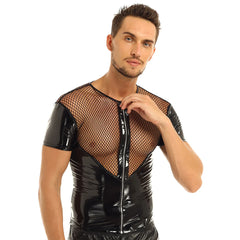 muscular man wearing a black deep v zip mesh tee posing indoors pridevoyageshopcom gay mens mesh tops clubwear fashion tops activewear gym tank tops