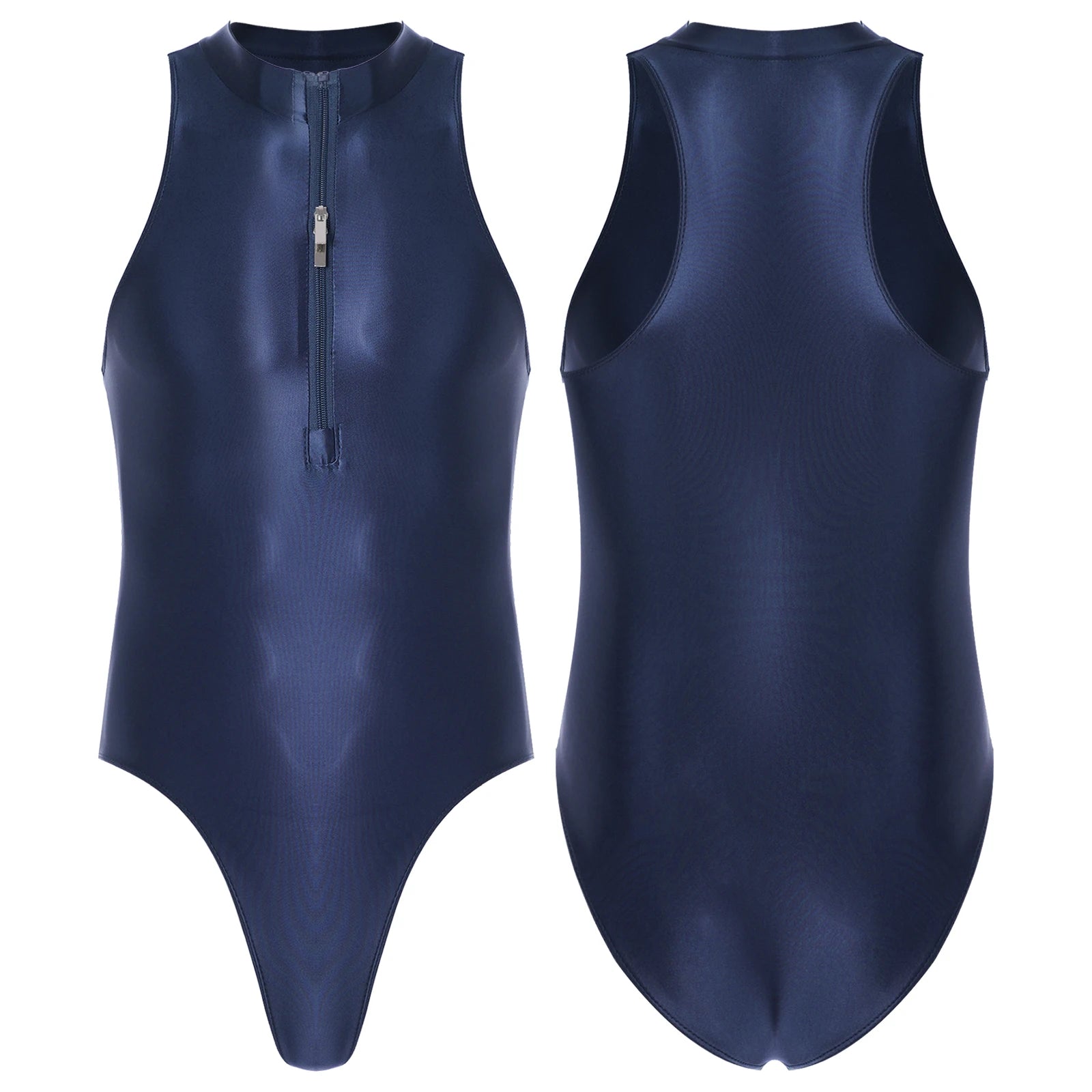 navy blue Riptide Zip Racer Leotard flat-lay with front zipper and athletic contour panels – pridevoyageshop.com – gay men’s harness, lingerie and fetish wear