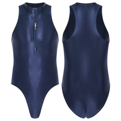 navy blue Riptide Zip Racer Leotard flat-lay with front zipper and athletic contour panels – pridevoyageshop.com – gay men’s harness, lingerie and fetish wear