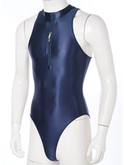 navy blue Riptide Zip Racer Leotard flat-lay with front zipper and athletic contour panels – pridevoyageshop.com – gay men’s harness, lingerie and fetish wear