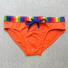orange Men’s Pride Patrol Rainbow Band Swim Briefs - pridevoyageshop.com - gay men’s sexy swim briefs, trunks, board shorts, and bikinis