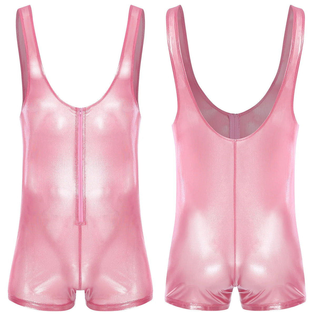 pink Gameboi Holo-Zip Singlet flat-lay detail showcasing holographic zipper and high-cut design – pridevoyageshop.com – gay men’s harness, lingerie and fetish wear