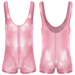 pink Gameboi Holo-Zip Singlet flat-lay detail showcasing holographic zipper and high-cut design – pridevoyageshop.com – gay men’s harness, lingerie and fetish wear