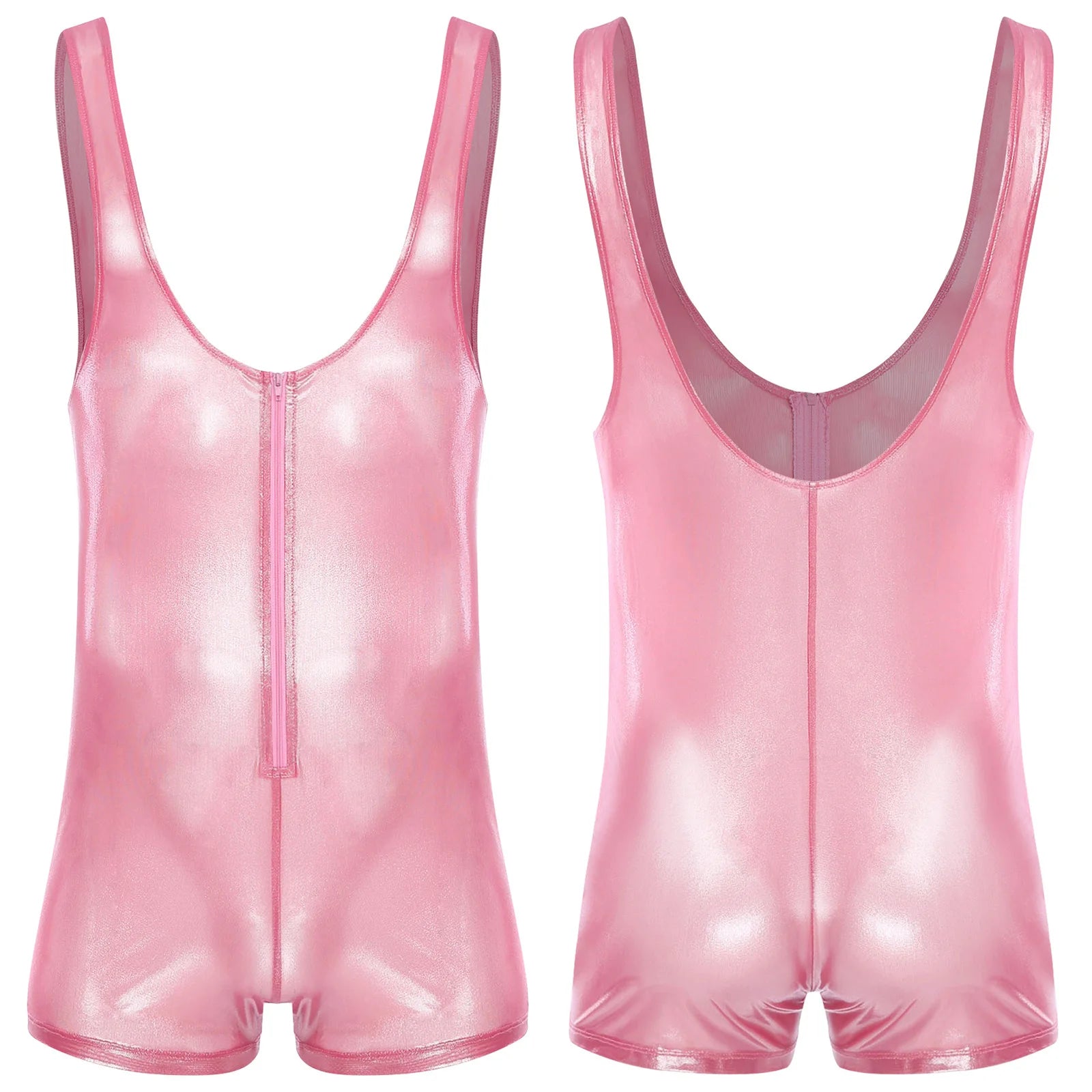 pink Gameboi Holo-Zip Singlet flat-lay detail showcasing holographic zipper and high-cut design – pridevoyageshop.com – gay men’s harness, lingerie and fetish wear