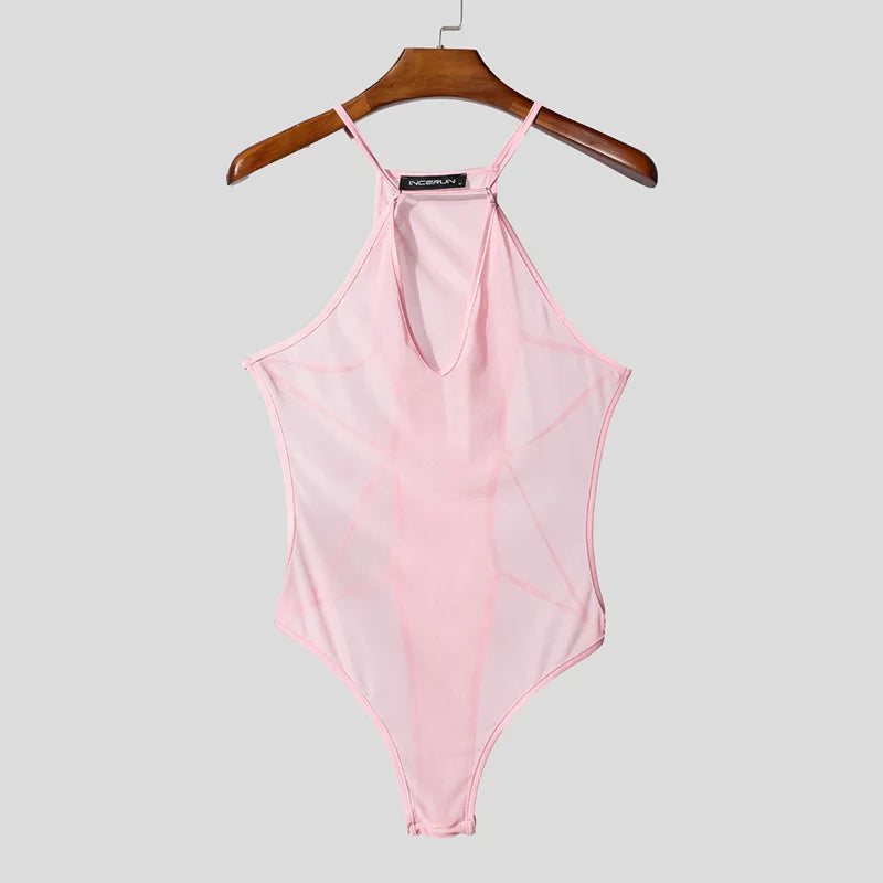 pink Night Shift Keyhole Halter Bodysuit flat lay with halter neckline and front keyhole cut-out – pridevoyageshop.com – gay men’s harness, lingerie and fetish wear
