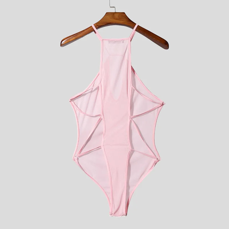 pink Night Shift Keyhole Halter Bodysuit flat lay with halter neckline and front keyhole cut-out – pridevoyageshop.com – gay men’s harness, lingerie and fetish wear