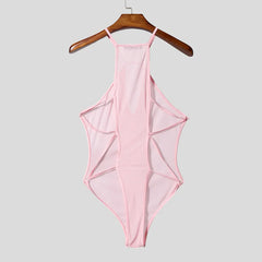 pink Night Shift Keyhole Halter Bodysuit flat lay with halter neckline and front keyhole cut-out – pridevoyageshop.com – gay men’s harness, lingerie and fetish wear