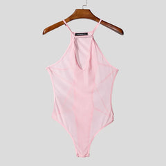 pink Night Shift Keyhole Halter Bodysuit flat lay with halter neckline and front keyhole cut-out – pridevoyageshop.com – gay men’s harness, lingerie and fetish wear