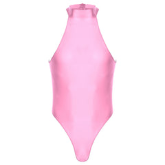 pink Profile High-Neck Halter Leotard flat-lay detail showing high-neck halter cut and body-shaping fit – pridevoyageshop.com – gay men’s harness, lingerie and fetish wear