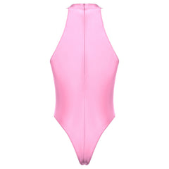 pink Profile High-Neck Halter Leotard flat-lay detail showing high-neck halter cut and body-shaping fit – pridevoyageshop.com – gay men’s harness, lingerie and fetish wear