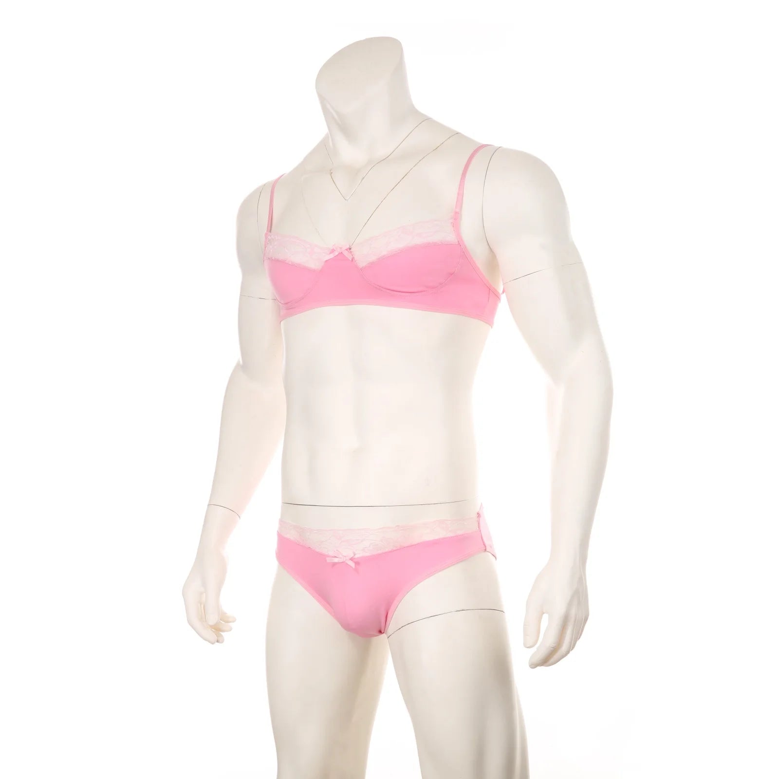 pink lace Good Boy bralette and brief set product flat lay, floral lace fabric, stretch trim bralette, cheeky lace brief – pridevoyageshop.com – gay men’s harness, lingerie and fetish wear