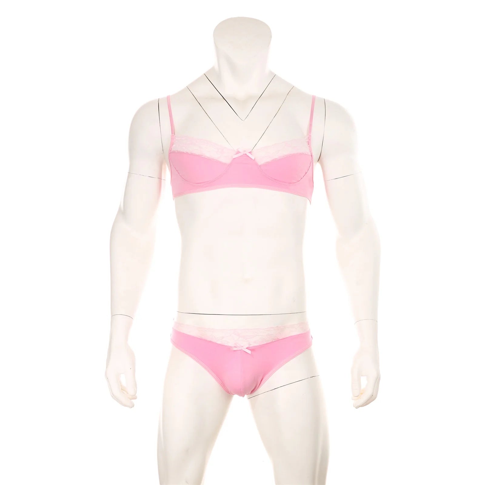 pink lace Good Boy bralette and brief set product flat lay, floral lace fabric, stretch trim bralette, cheeky lace brief – pridevoyageshop.com – gay men’s harness, lingerie and fetish wear