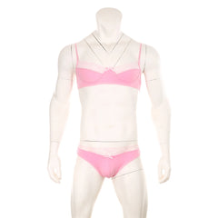 pink lace Good Boy bralette and brief set product flat lay, floral lace fabric, stretch trim bralette, cheeky lace brief – pridevoyageshop.com – gay men’s harness, lingerie and fetish wear