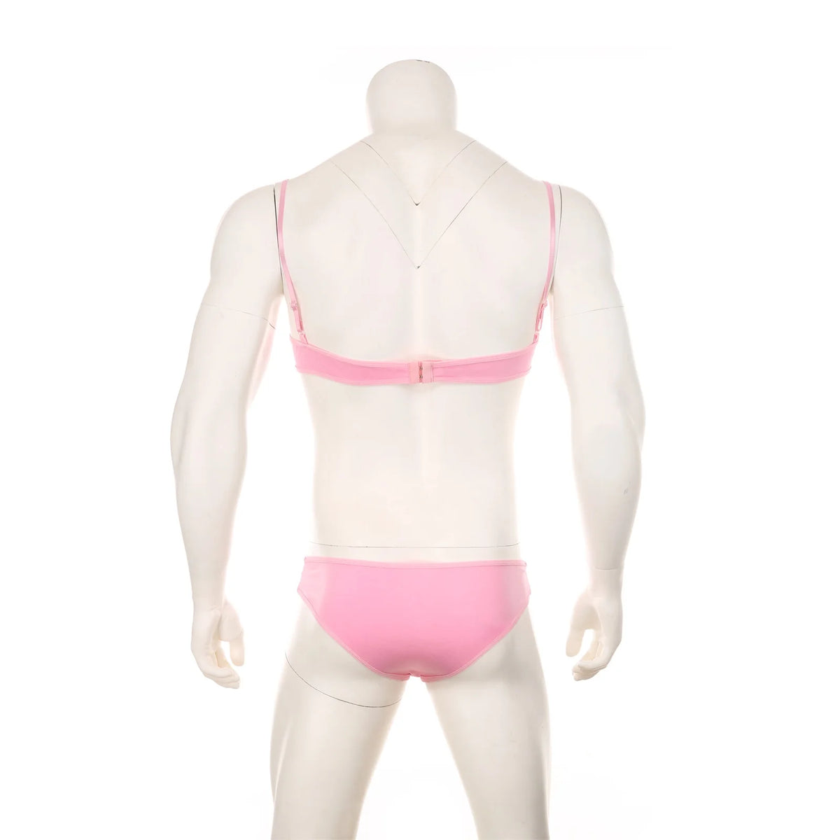 pink lace Good Boy bralette and brief set product flat lay, floral lace fabric, stretch trim bralette, cheeky lace brief – pridevoyageshop.com – gay men’s harness, lingerie and fetish wear
